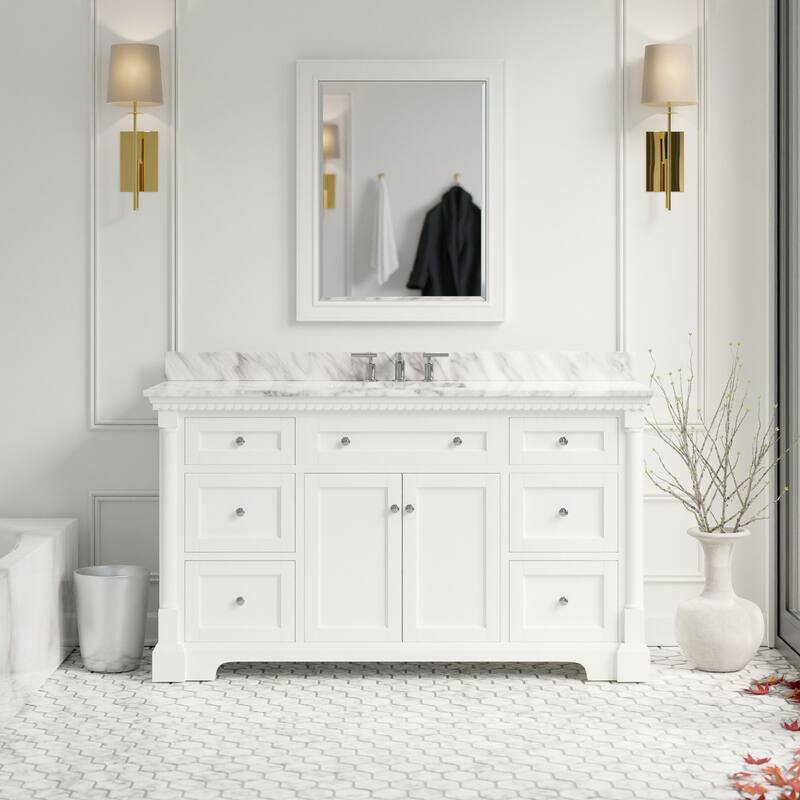 KitchenBathCollection Sydney 60" Single Bathroom Vanity with Carrara Marble Top - White