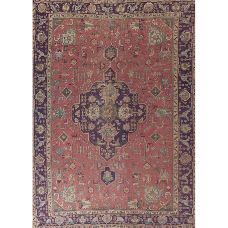 Pink Geometric Tabriz Persian Vintage Area Rug Handmade Wool Carpet - 9'0"x 12'8"