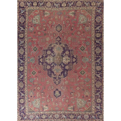 Pink Geometric Tabriz Persian Vintage Area Rug Handmade Wool Carpet - 9'0"x 12'8"