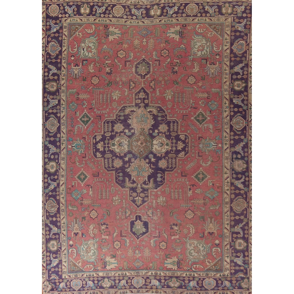 Pink Geometric Tabriz Persian Vintage Area Rug Handmade Wool Carpet - 9'0"x 12'8"