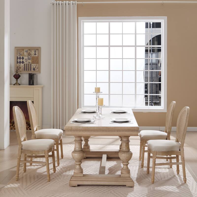 French Country Dining Chairs Set of 2, Upholstered Chairs with Nature Rattan Round Back, Wire drawing and carving techniques
