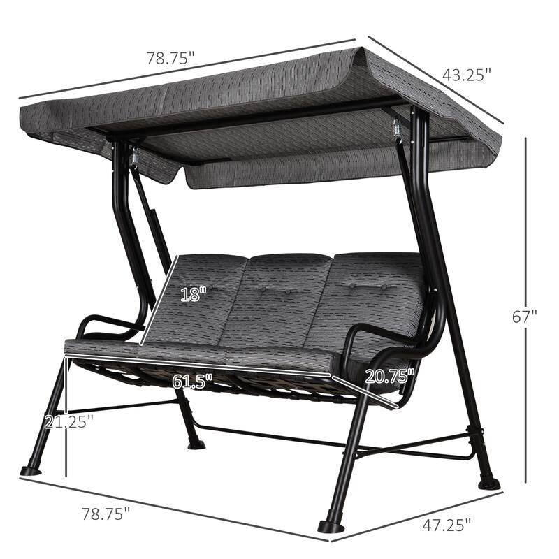 Outsunny Outdoor Patio Porch Swing Bench with Included Adjustable Shade Awning & Comfort Padded Seating for Three People