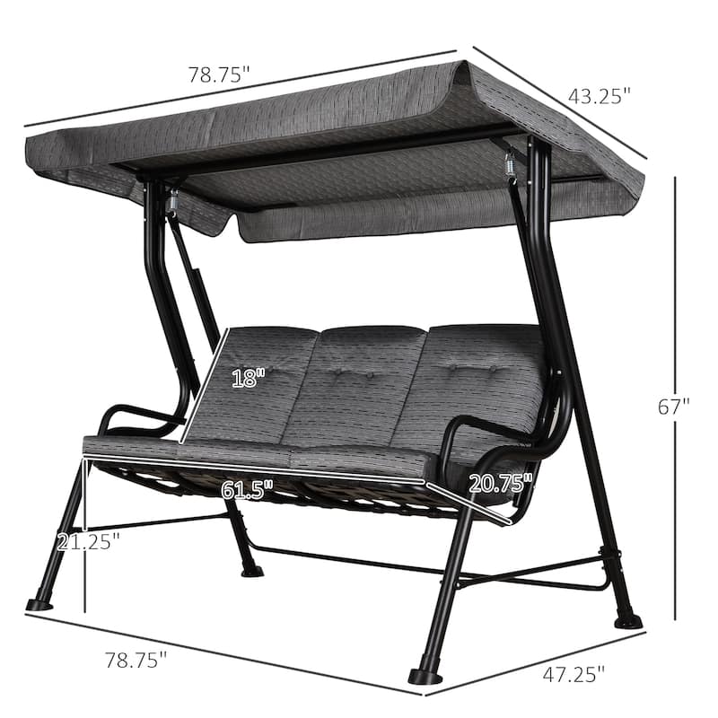 Steel 3-Seat Patio Swing with Thick Cushions - Outdoor Canopy Swing (600lb Capacity)