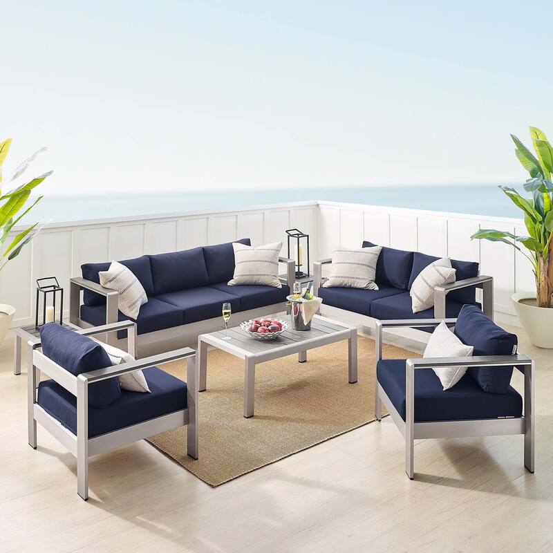 Shore 7 Piece Sunbrella® Fabric Outdoor Patio Aluminum Set - Silver Navy