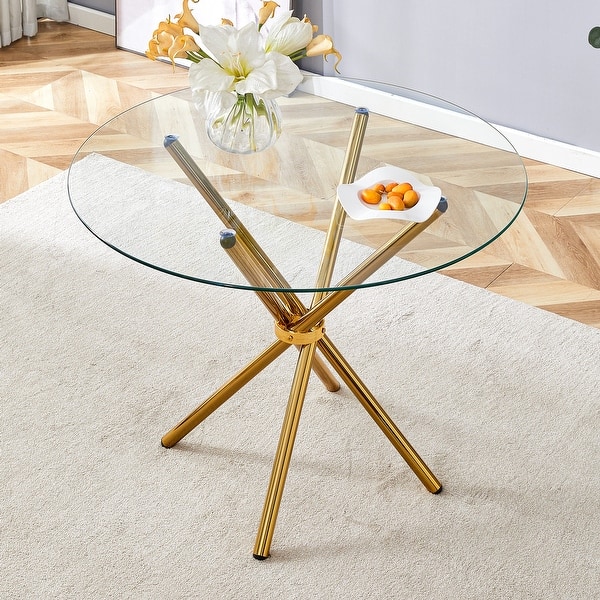 Round Clear Glass Dining Table with Metal Legs for Modern Spaces - Bed ...
