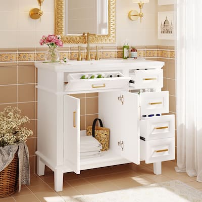 Modern Bathroom Vanity with Resin Sink, 2 Soft Close Doors and 4 Drawers