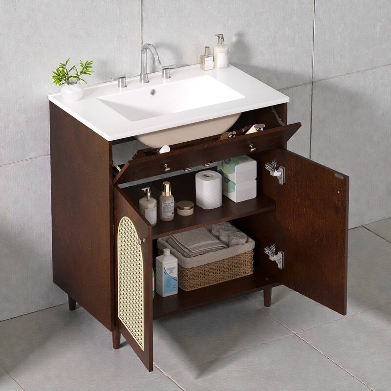 30 Inch Bathroom Vanity with Ceramic Sink, Solid Wood Frame Vanity Cabinet with Rattan Panels and Tip-Out Drawer