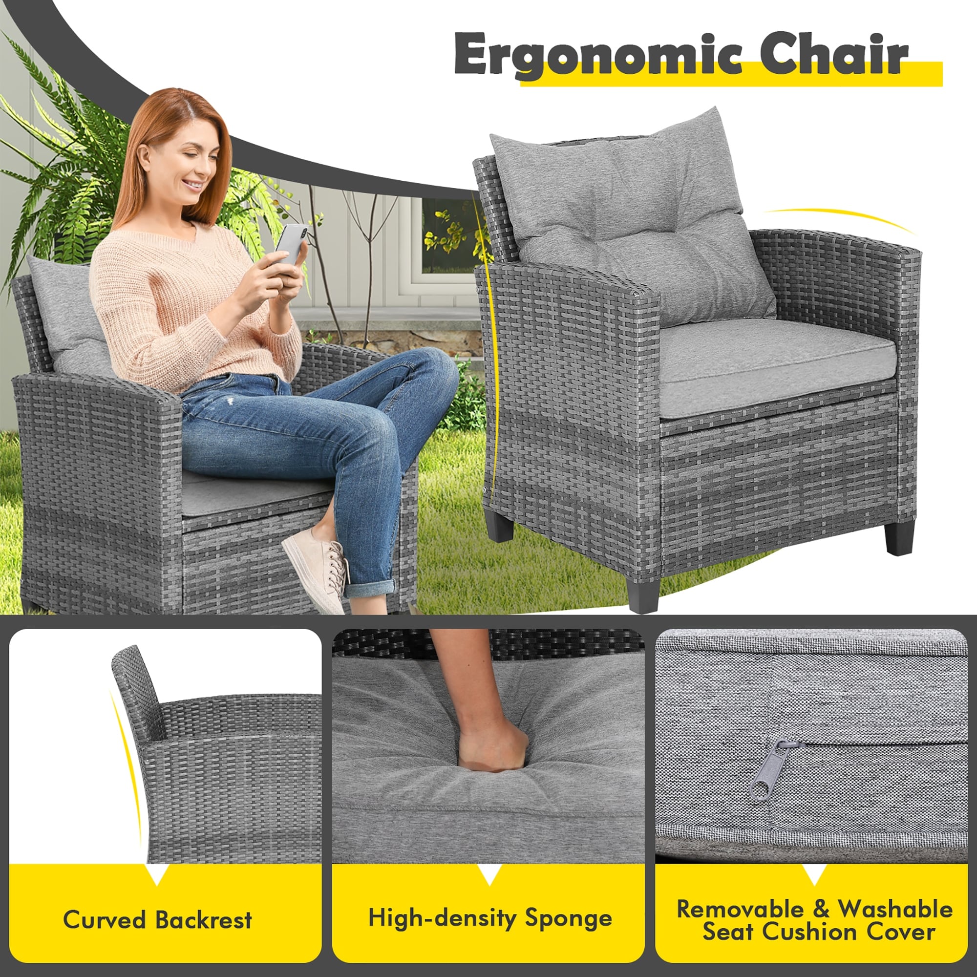 3PCS Patio Rattan Furniture Bistro Set Cushioned Sofas Side 3PCS Patio Rattan Furniture Bistro Set Cushioned Sofas Side