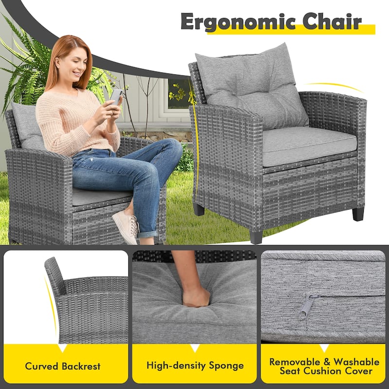 3PCS Patio Rattan Furniture Bistro Set Cushioned Sofas Side Table