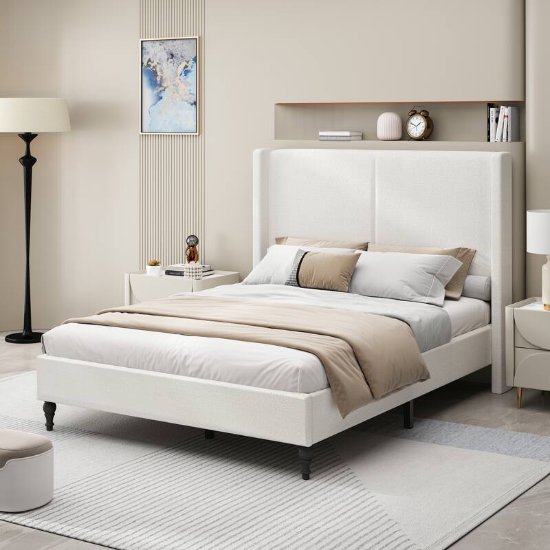 Boucle Upholstered Platform Bed with 55.5" High Wingback Headboard, Slats Support, Solid Wood Feet and Optional King or Queen