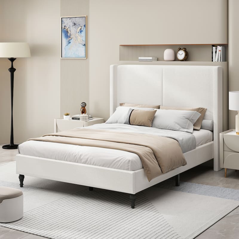 Queen Size Upholstered Bed Frame with High Back Headboard, Boucle Fabric, Solid Wood Legs, No Box Spring Needed - White
