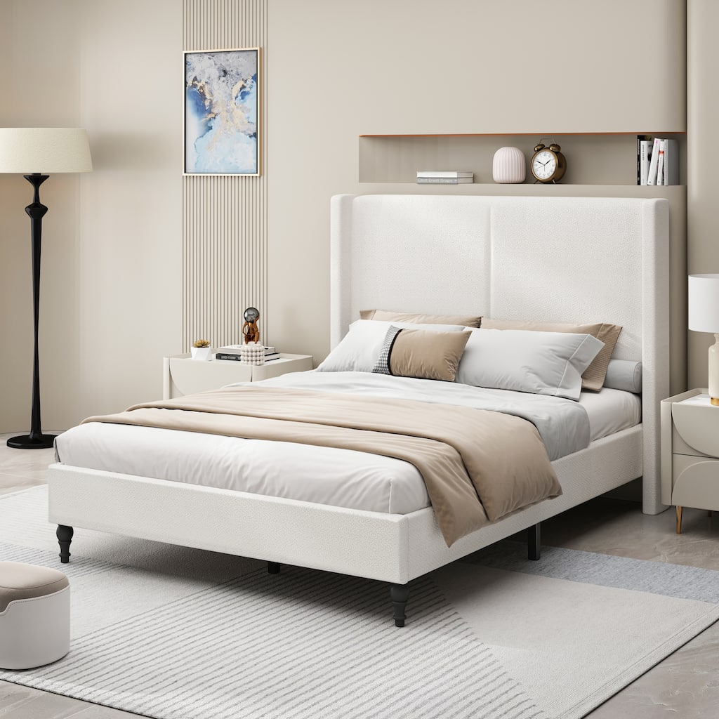 Queen Size Upholstered Bed Frame with High Back Headboard, Boucle Fabric, Solid Wood Legs, No Box Spring Needed