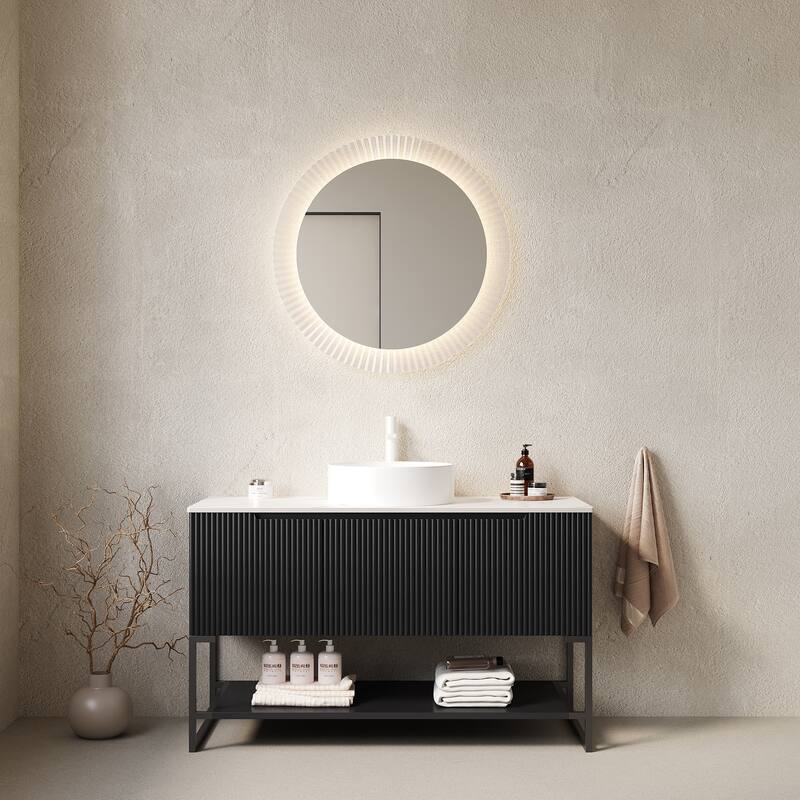 Bathroom Vanity with Round Ceramic Basin and Artificial Marble Countertop, Freestanding 3 Doors Storage Cabinet with Open Shelf - Black
