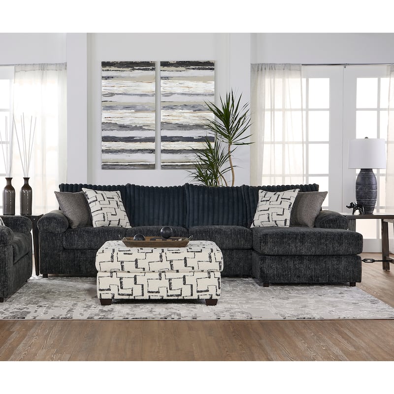 Roundhill Furniture Nason Wide Wale Corduroy Sectional Sofa Chaise with Ottoman - Charcoal