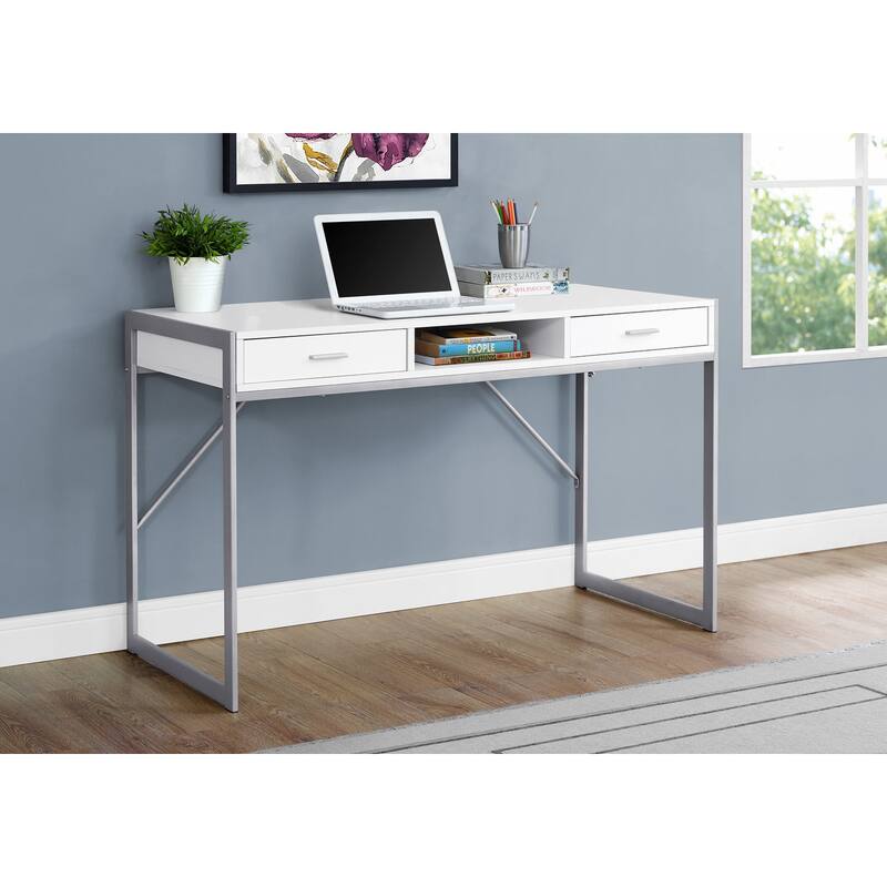 Computer Desk, Home Office, Laptop, Storage Drawers, 48"l, Work, White Laminate, Grey Metal, Contemporary