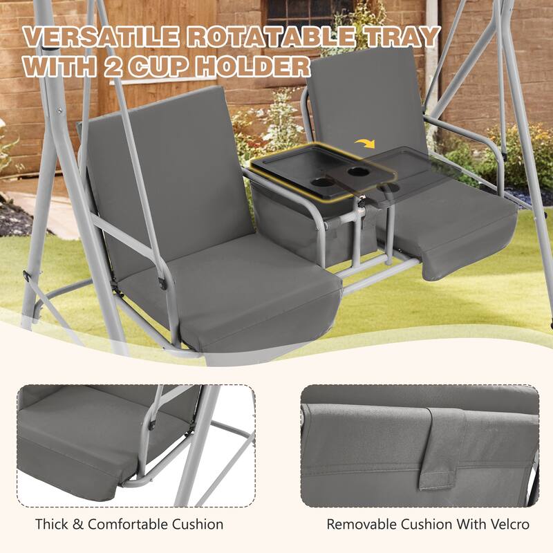 Outdoor Swing with Stand, Canopy, Pivot Table & 2 Cup Holders - Patio, Balcony, Bedroom