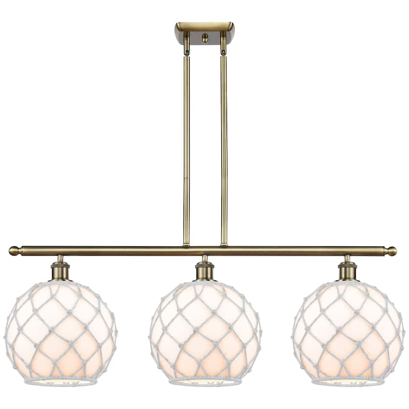 Innovations Lighting Endless Possibilities Ballston - Farmhouse Rope - 3 Light 37" Stem Hung Island Light - Antique Brass/White Glass with White Rope