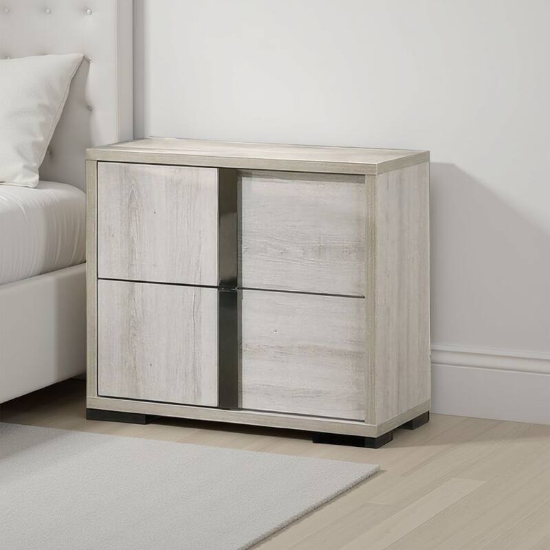 Hyao Nightstand, 26 Inch, 2 Drawers, Chrome Handles, White Wash Veneer