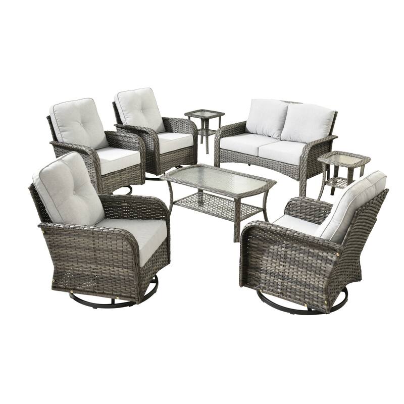 HOOOWOOO 8-piece Wicker Rattan Outdoor Furniture Patio Swivel Chair Set