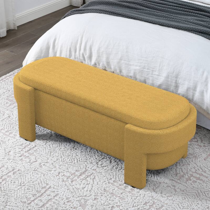 Oval Storage Bench Linen Upholstered Entryway Bench Ottoman Bench