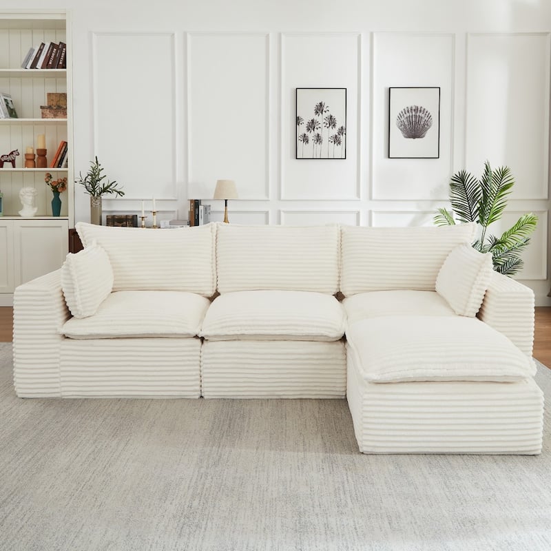 109.4" L-Shaped Cloud Sectional Sofa with Ottoman, No Assembly Required - White
