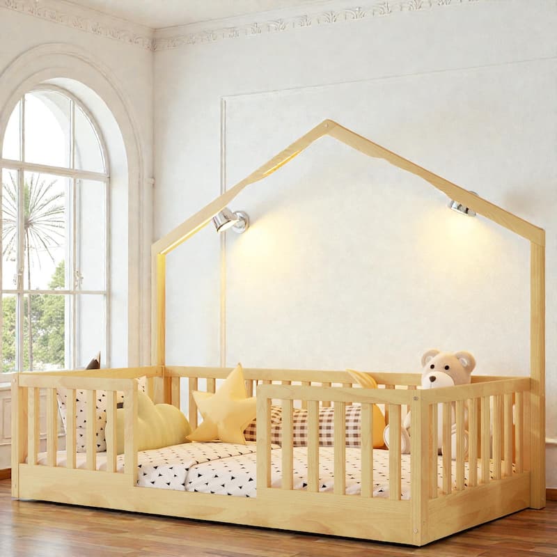 Wood Floor Bed with High Guardrails and LED Light, Montessori Style Low Profile Bed for Kids - Natural - Twin