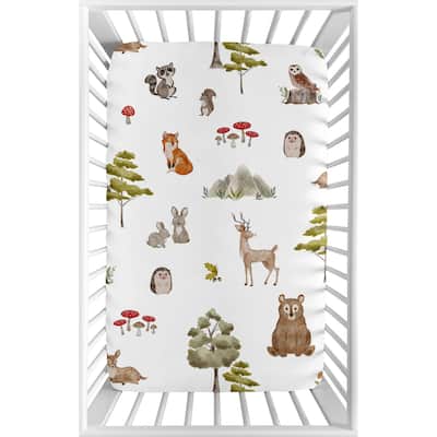 Sweet Jojo Designs Woodland Forest Animals Boy Girl Gender Neutral Unisex Fitted Mini Portable Crib Sheet Friends Bear Fox Deer