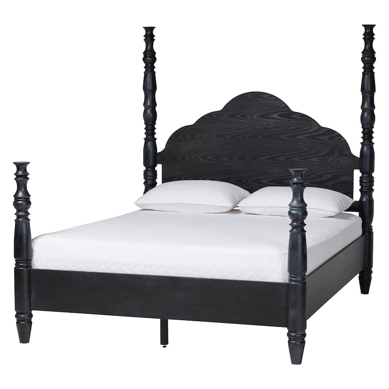 Baxton Studio Martino Four-Poster Platform Bed - Sculpted Post Bed Frame with Panel Headboard, Vintage Spindle Bed - Black - Queen