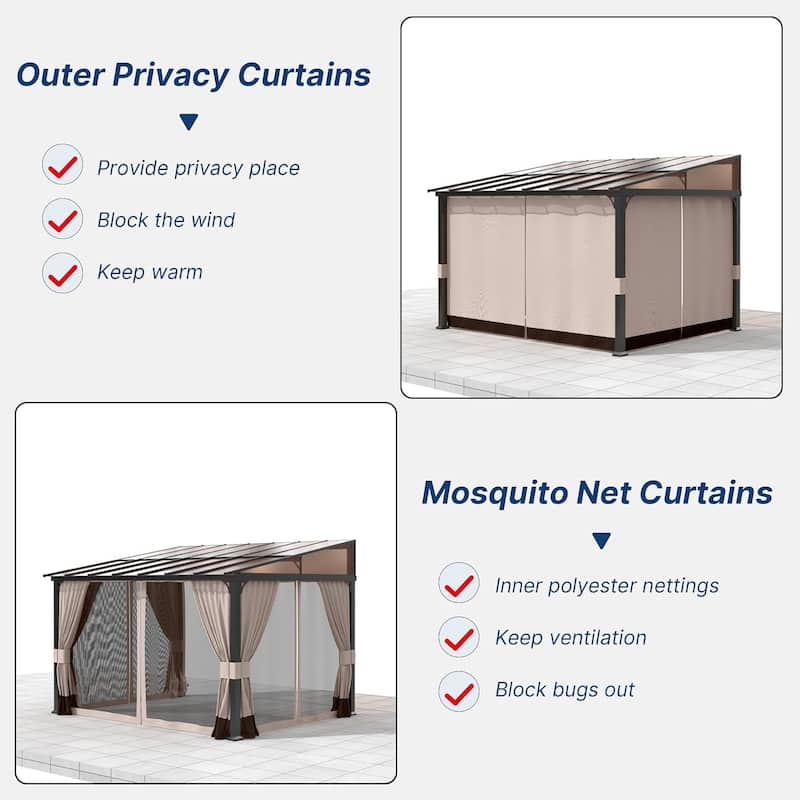 Wall Mounted Gazebo, Hardtop Permanent Outdoor Shade Canopy with Curtains for Deck, Backyard, Patio