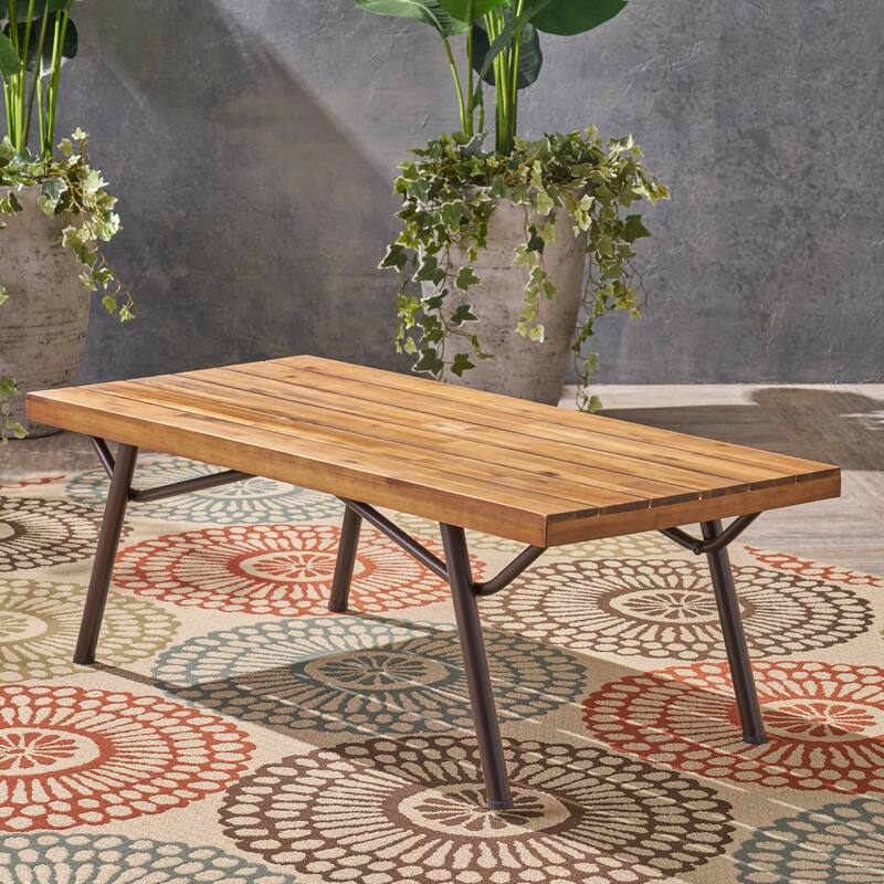 Roomfitters Acacia Wood Outdoor Coffee Table with Slatted Top, Patio Accent Table with Metal Legs for Garden or Balcony, Natural