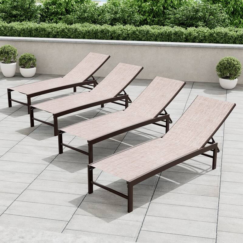 Crestlive Outdoor Pool Side Adjustable Aluminum Chaise Lounge Chairs Set of 4 - See Picture - Beige Fabric, Brown Frame