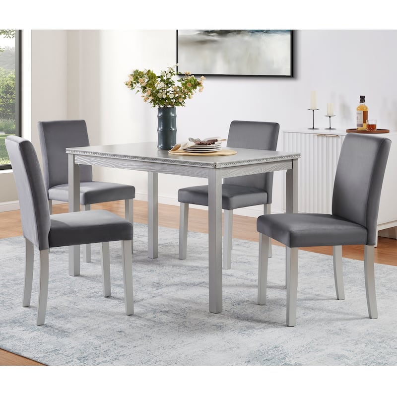 GDFStudio - Kingsley 5-Piece Classic Crystal Design Square Wooden Dining Table Set with 4 Upholstered Chairs