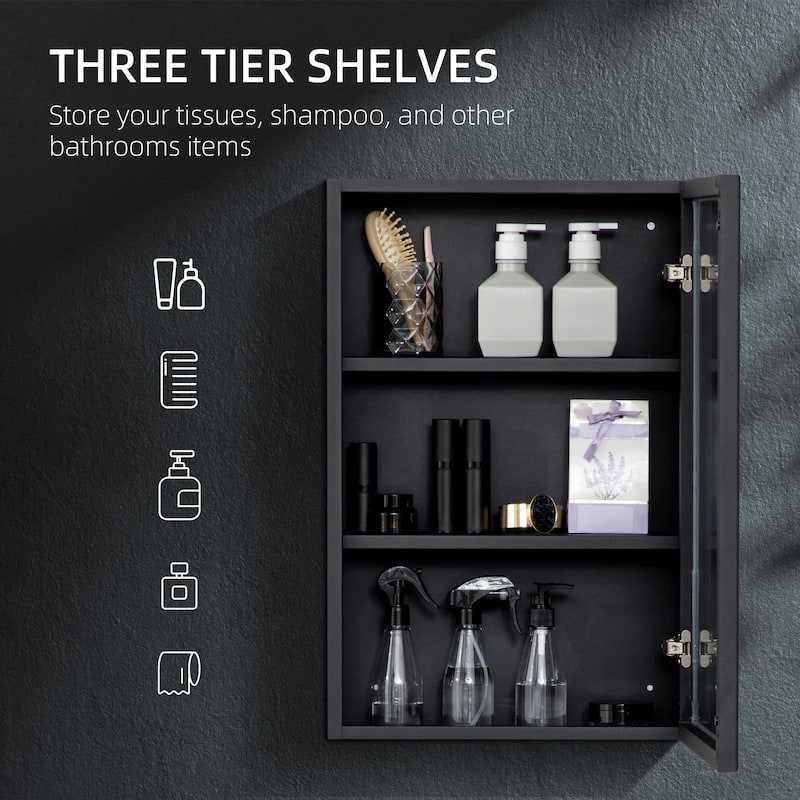 Jet Black Stainless Steel Bathroom Mirror Cabinet with 3 Tier Shelves and Modern Wall Mounted Design