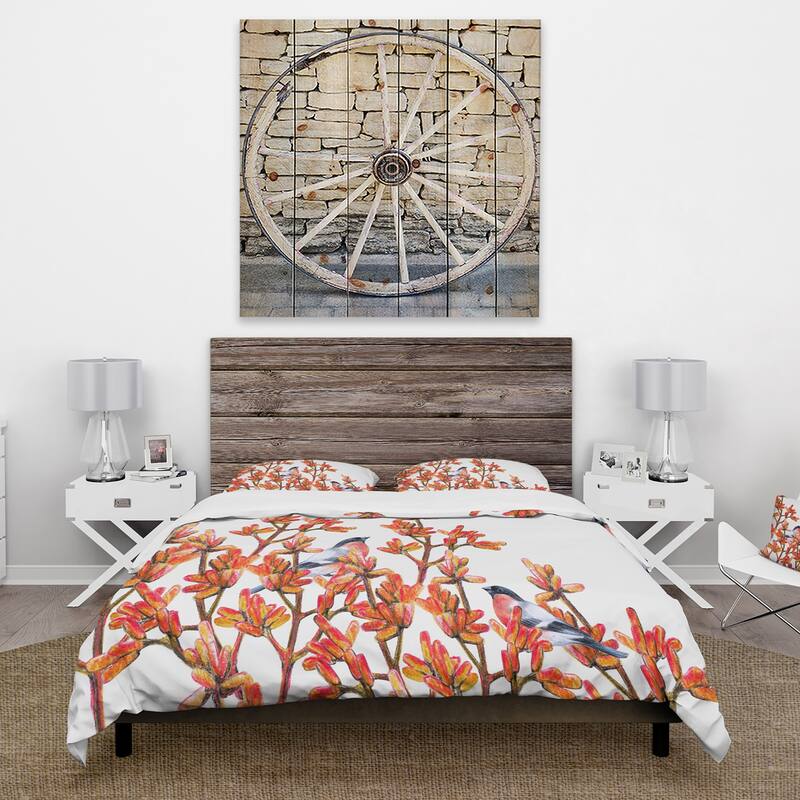 Designart 'Flock of Bullfinches Birds on Orange Branches' Traditional Duvet Cover Set