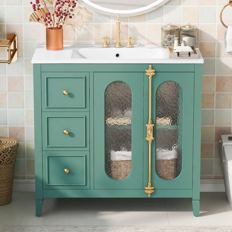 Lake Green Storage Cabinet Bathroom Vanity with Side Shelves, Translucent Glass Doors, Delicate Golden Handle and Knobs