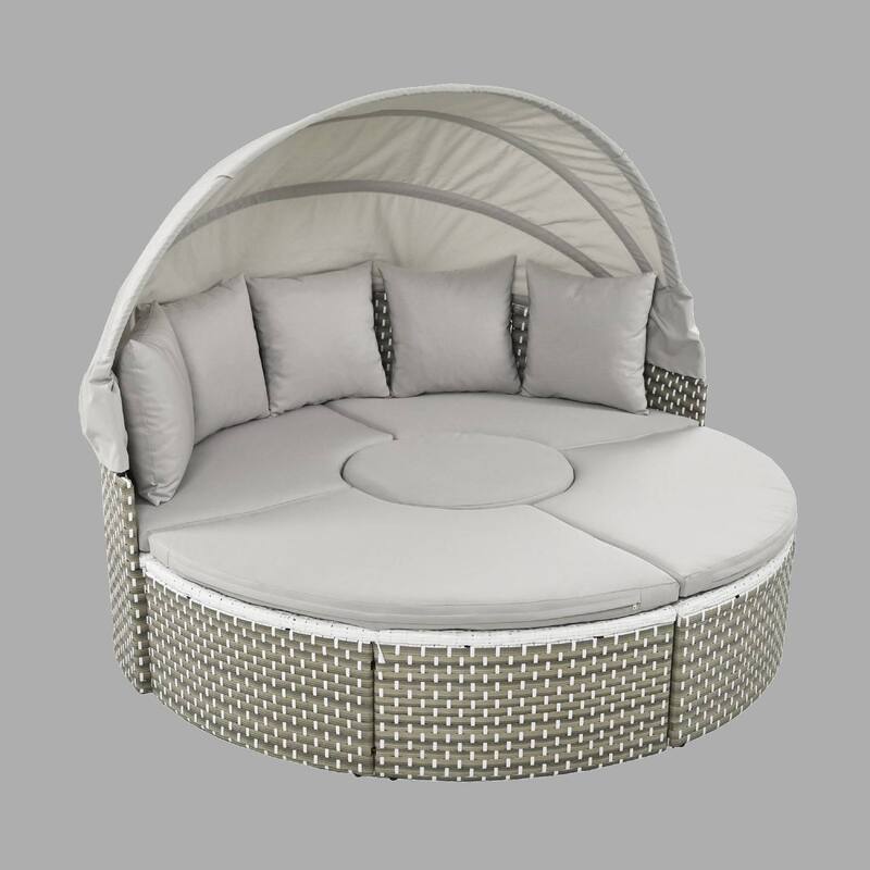 Round Outdoor Rattan Sectional Sofa with Adjustable Canopy & Cushions, PE Wicker Daybed with Coffee Table & Ottoman