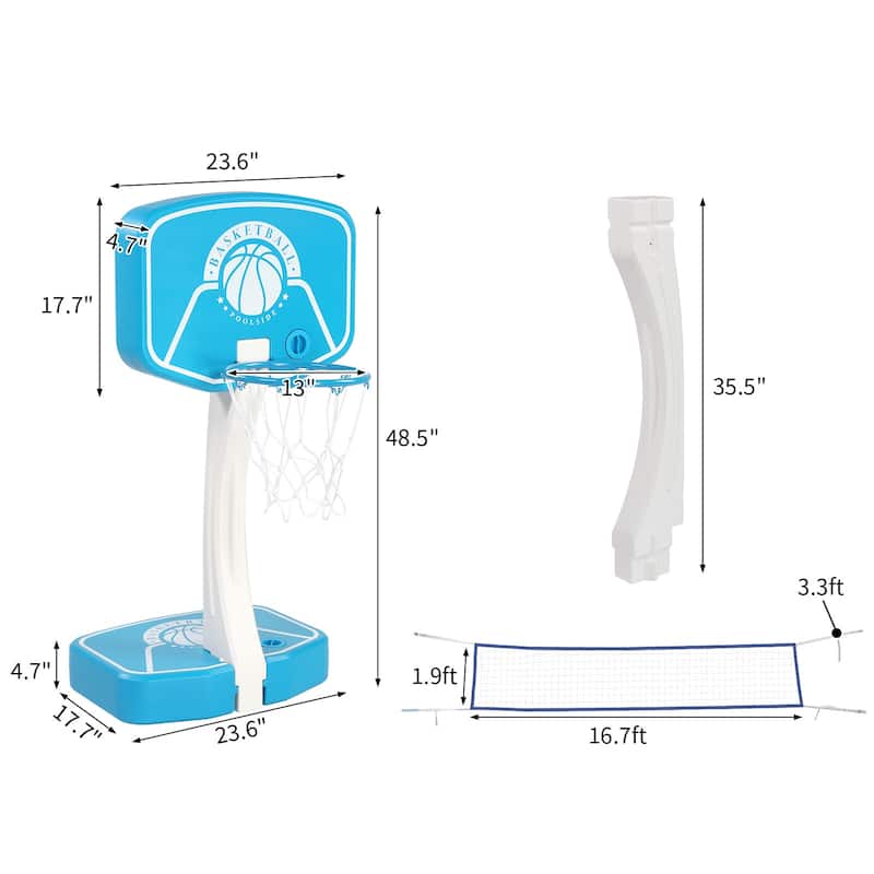2-in-1 Pool Game Set for Swimming Pool Basketball Hoop and Volleyball Net for Summer - 23.6”L x 17.7”W x 48.5”H