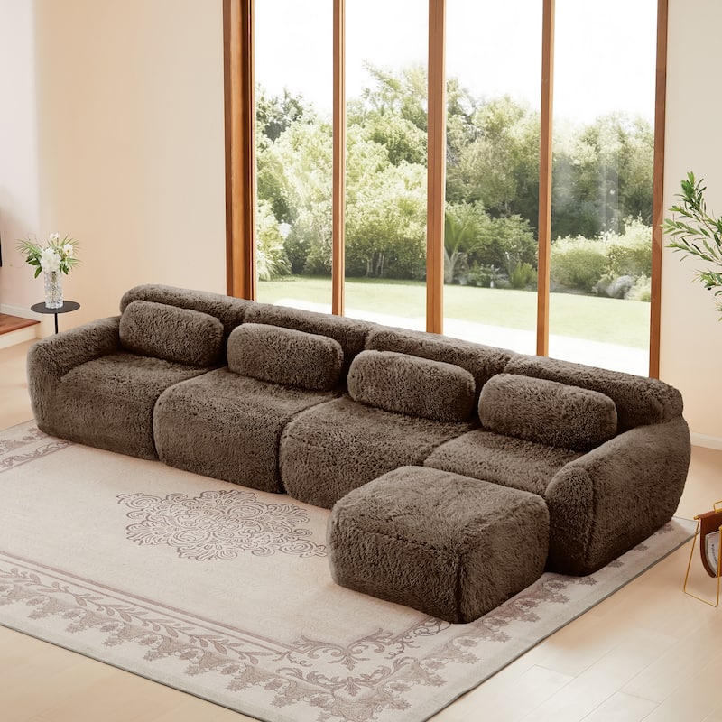 L-shaped Soft and Fluffy Plush Fabric,Modular Sectional Sofa Couches - Chocolate