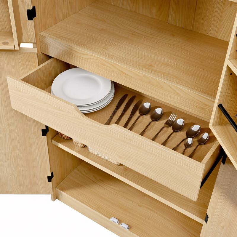 72" Tall Farmhouse Kitchen Pantry Cabinet with 8 Door Shelves, Curved Design Storage Cabinet with 3 Adjustable Shelves