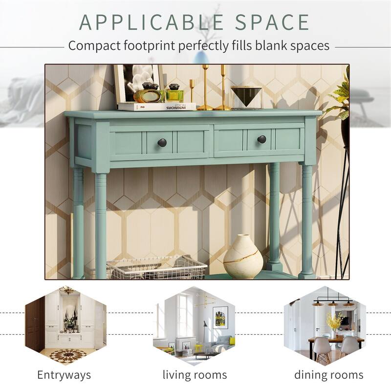 Daisy Series Farmhouse Console Table Solid Wood 2 Drawers Bottom Shelf Entryway