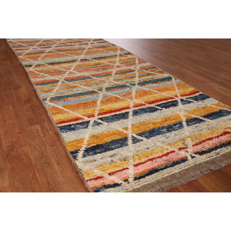 Striped Moroccan Oriental Runner Rug Handmade Wool Carpet - 3'0" x 10'2" - 3'0" x 10'2" - Multi-Color