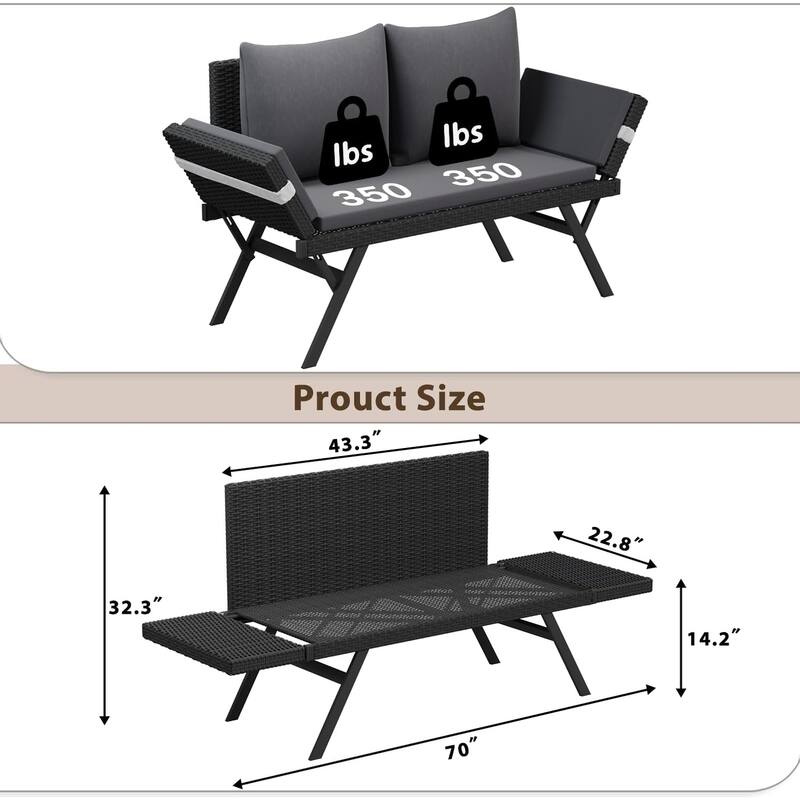 BOSSIN All-Weather Rattan Convertible Daybed - Outdoor Sofa w/ Adjustable Arms & Waterproof Cushions - Patio, Poolside, Porch