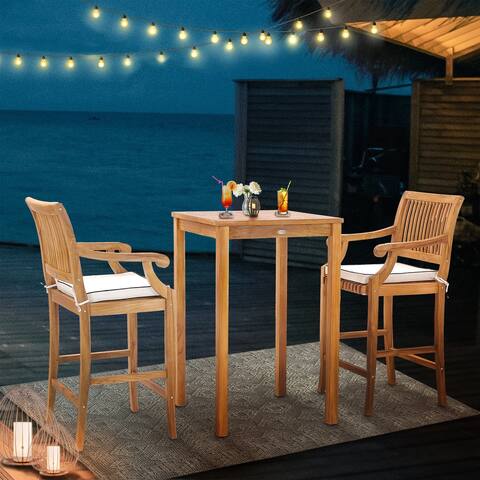 Chic Teak 3 Piece Teak Wood Castle Intimate Patio Bistro Bar Set including 27" Bar Table & 2 Barstools with Arms