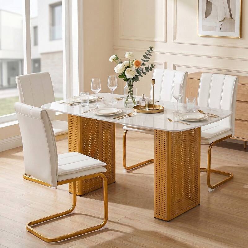 Modern Marble-Patterned Tempered Glass Dining Table, Rectangular Kitchen Table with Dual-Pedestal Metal Base