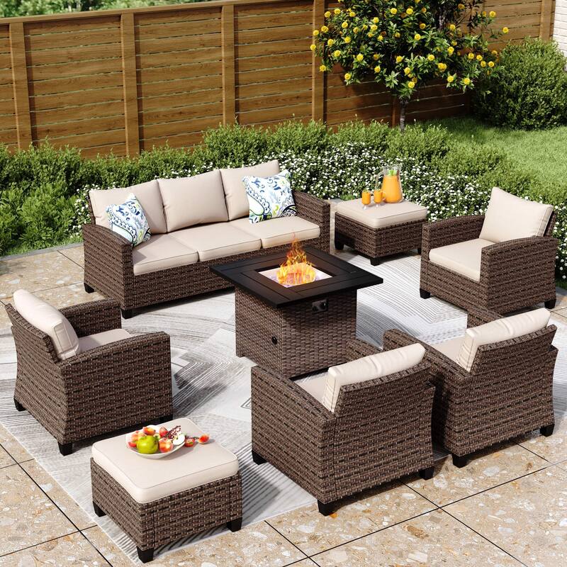 7/9-Seat Patio Furniture Wicker Rattan Outdoor High-back Sectional Sofa Conversation Set with Firepit Table - 9 Seats + 32’’ Firepit - Beige