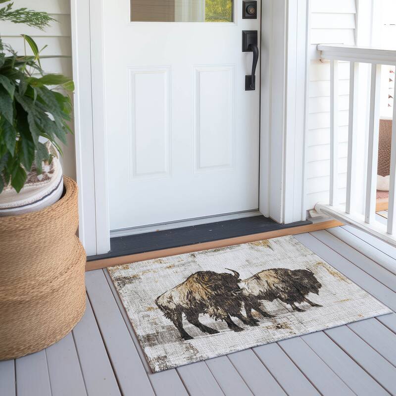 Machine Washable Indoor/ Outdoor Modern Buffalo Chantille Rug - Putty - 1'8" x 2'6"