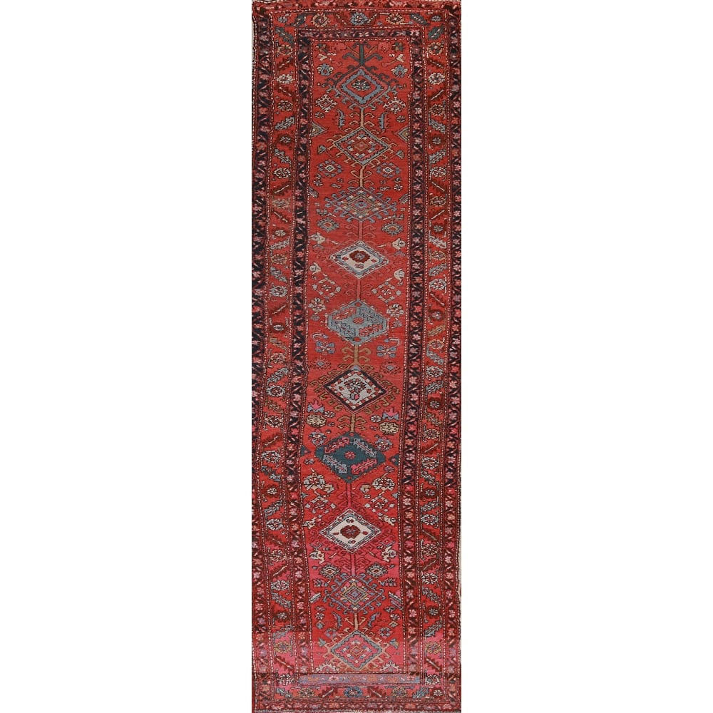 Hand Knotted Oriental 100% Wool Carpet Traditional Geometric Red Heriz (serapi) Runner Rug - 12' 1'' X 3' 0''