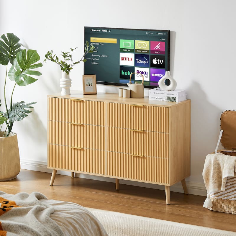 Anmytek Natural Wooden 6-Drawer Double Dresser with Wavy Drawers