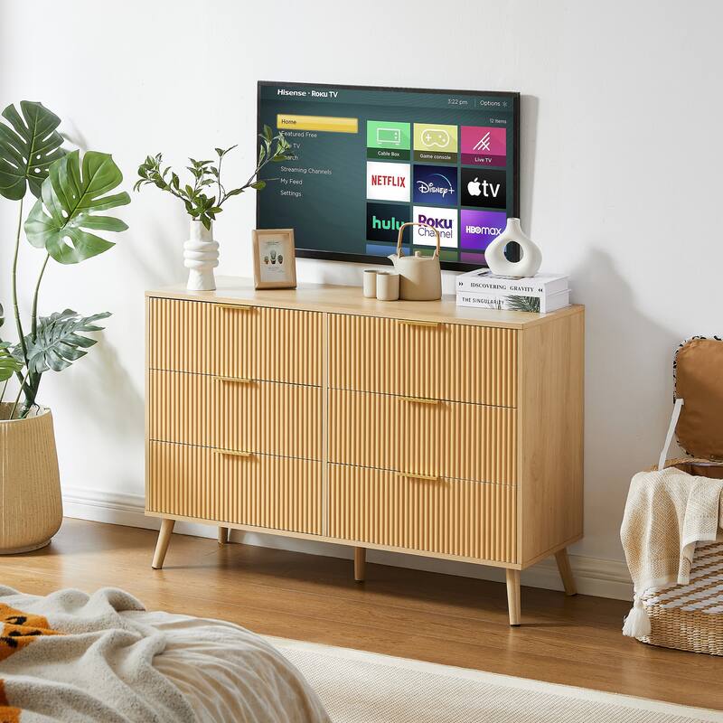 Bedroom Dresser, 6 Double Dressers with Wavy Drawers, Wooden Chest of Drawers,Natural, 47.2''W x 15.8''D x 31.7''H