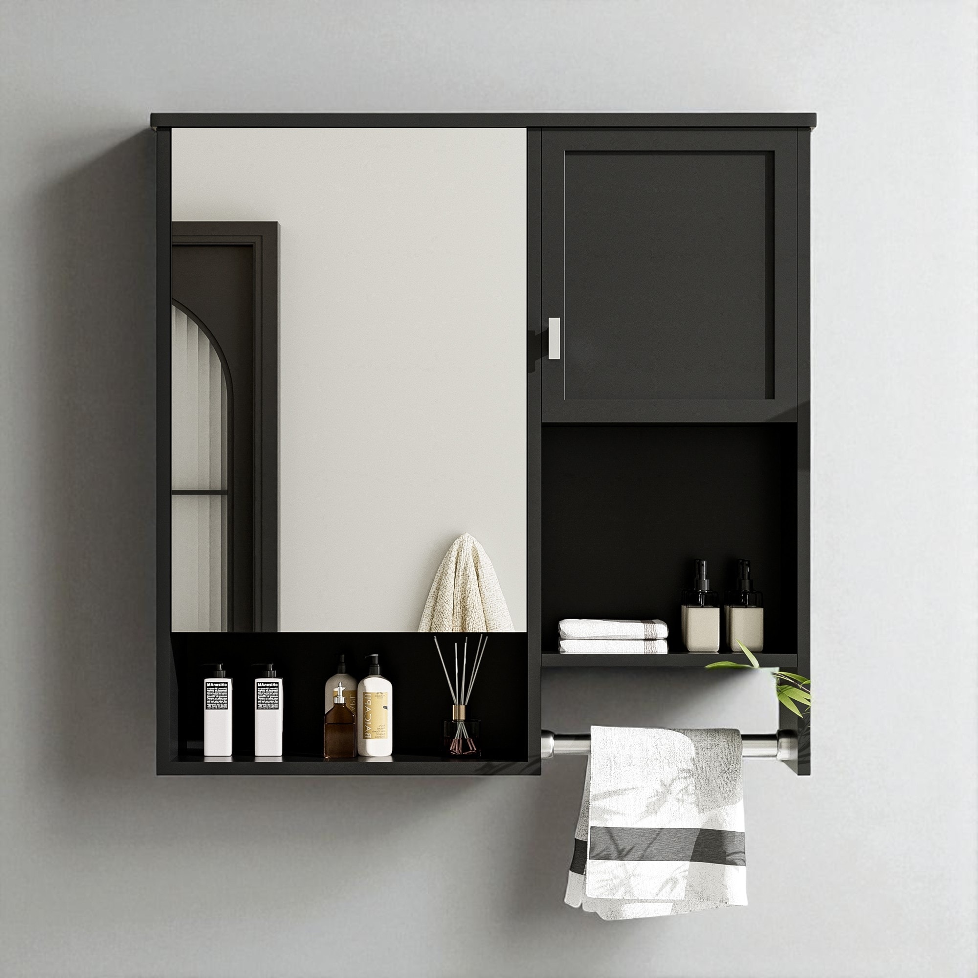 Wall Mounted Bathroom Medicine Cabinet with Mirror, Adjustable Shelves and Towel Bar, Over The Toilet Storage Cabinet